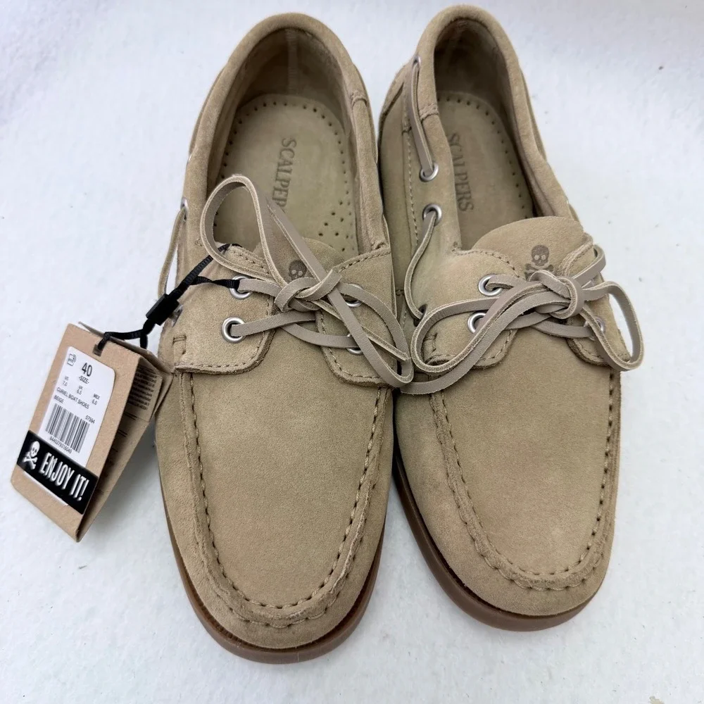 Scalpers Curiel Boat Shoes Beige Suede Leather Mens Size US 7 EU 40 57594 NIB